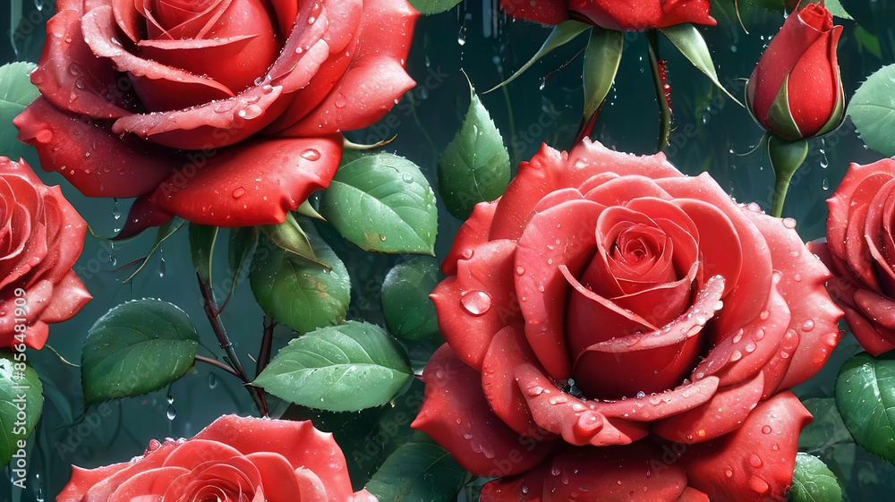 Beautiful red roses with water drops on petals, generative Ai