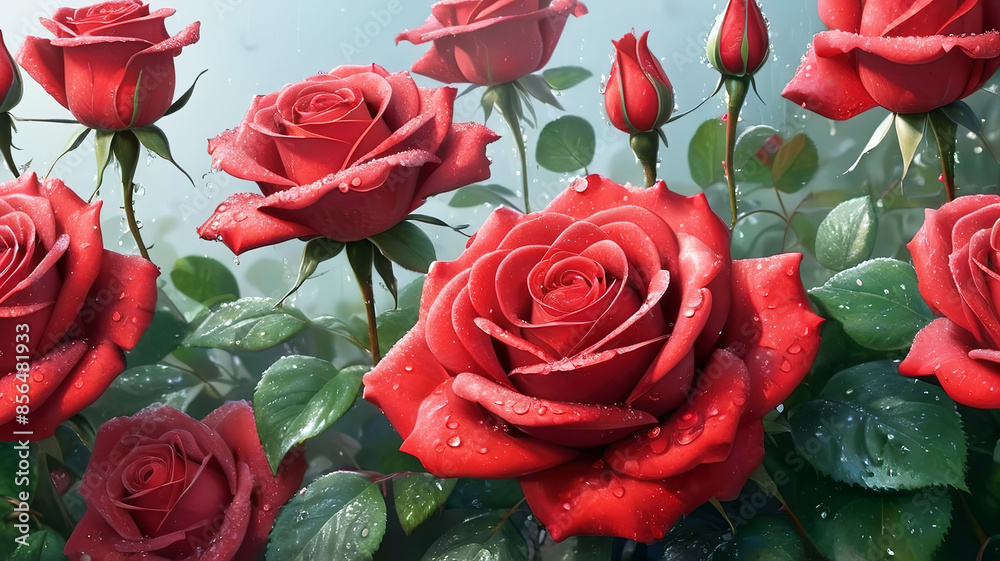 Beautiful red roses with water drops on petals, generative Ai