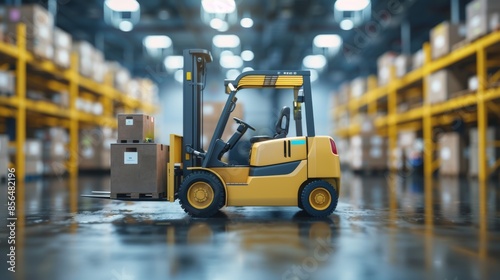 Yellow Forklift in a Warehouse with Blurred Background © Suryani