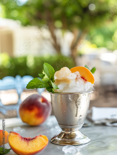 An image of a peach mint julep in a traditional silver cup, garnished with fresh peach slices and mint leaves