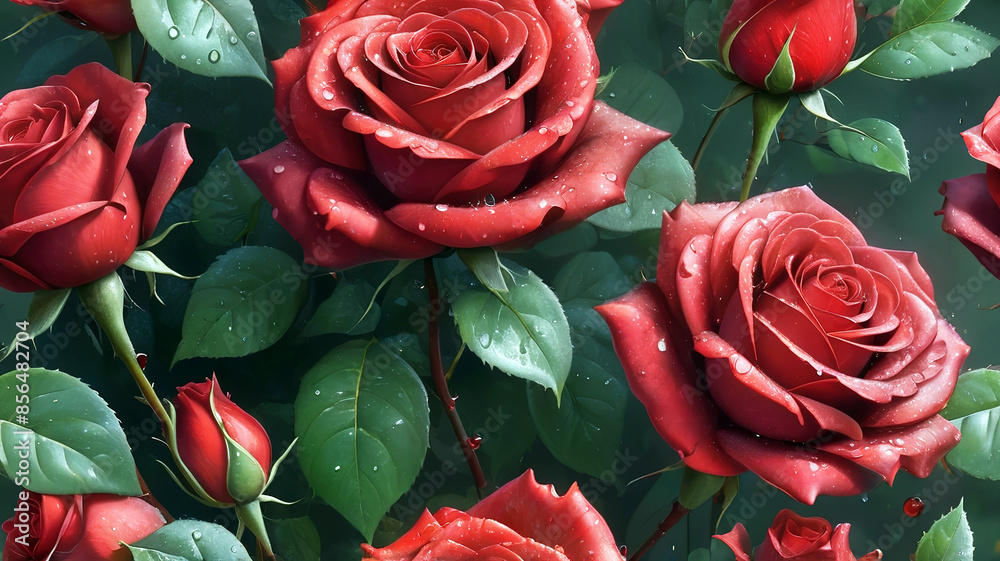 Beautiful red roses with water drops on petals, generative Ai