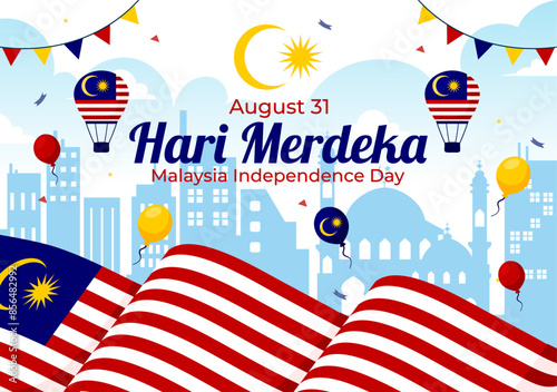 Happy Malaysia Independence Day Vector Illustration on 31 August with Waving Flag and Ribbon in a National Holiday Flat Cartoon Background