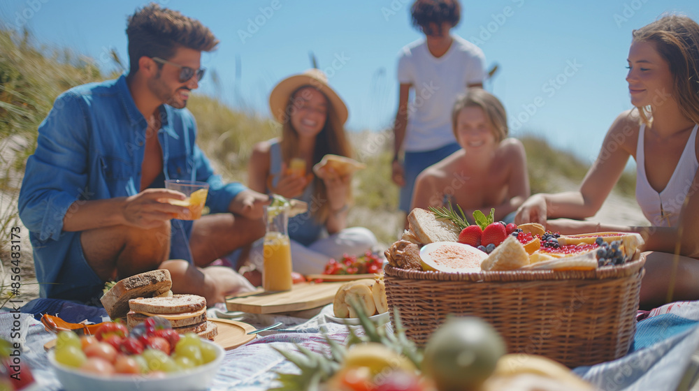 An image showcasing a lively beach picnic with a group of friends enjoying summer snacks An image showcasing a lively beach picnic with a group of friends enjoying summer snacks