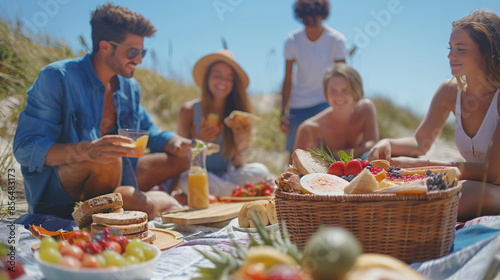 An image showcasing a lively beach picnic with a group of friends enjoying summer snacks