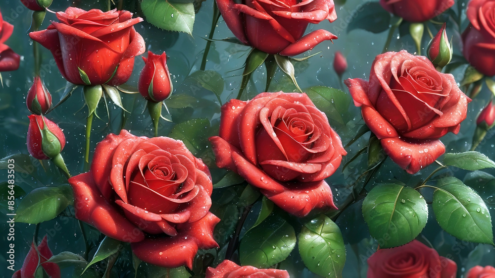 Beautiful red roses with water drops on petals, generative Ai