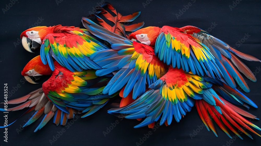 Fototapeta premium macaw Feathers on black background, Plumas de guacamaya sobre fondo negro, guacamayo
