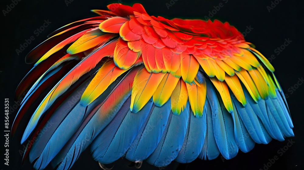 Obraz premium macaw Feathers on black background, Plumas de guacamaya sobre fondo negro, guacamayo