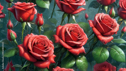 Obraz na płótnie Beautiful red roses with water drops on petals, generative Ai w salonie