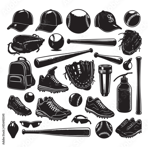 Vector Baseball Equipment illustrations. Vector Vintage Baseball Equipment illustrations, with bats, balls and headgear.