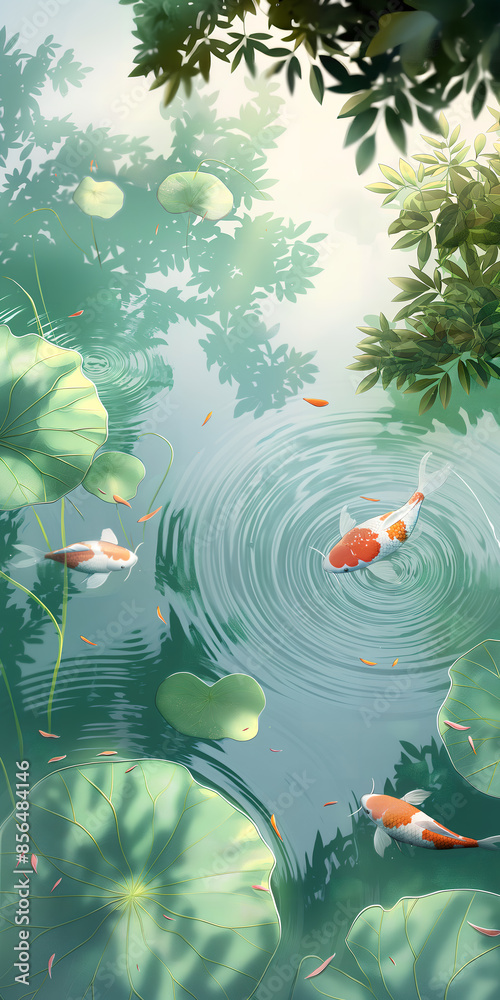 Featuring lotus leaves and brocade fish in the pond, the clear blue sky reflects on the sparkling water surface Featuring lotus leaves and brocade fish in the pond, the clear blue sky reflects on the sparkling water surface
