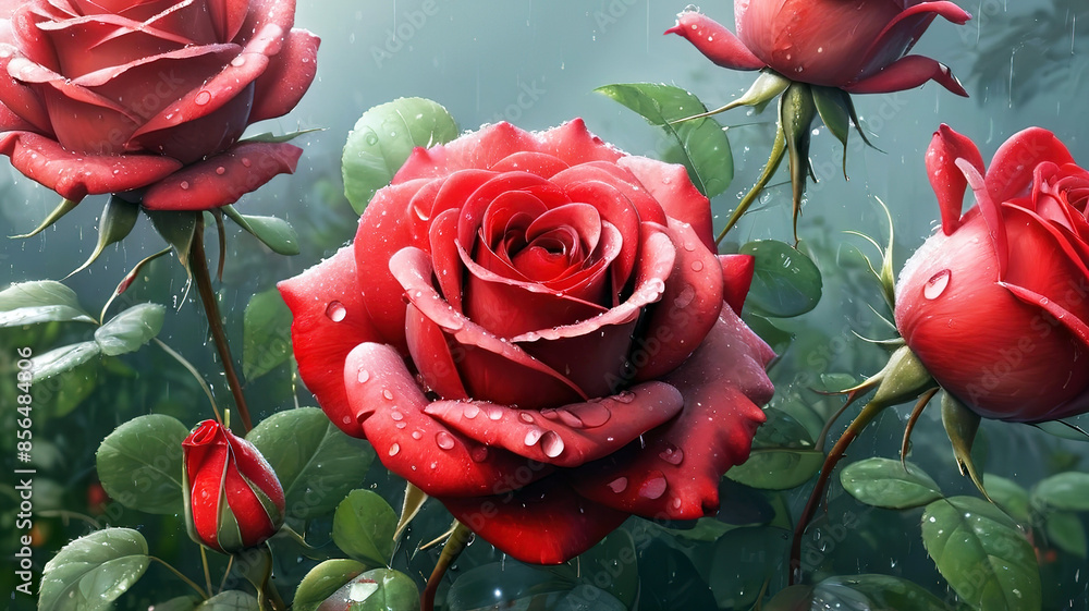 Beautiful red roses with water drops on petals, generative Ai