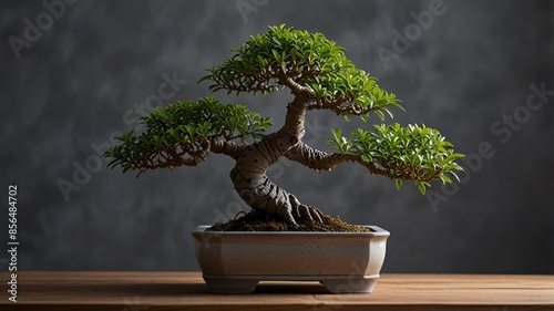 A small bonsai tree with delicate branches. Planted in a decorative pot photo