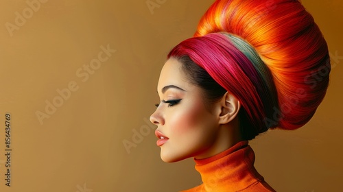 Stylish woman with elegant hair and vibrant headpiece, Great for fashion editorials and advertisements focusing on distinctive hairstyles and accessories