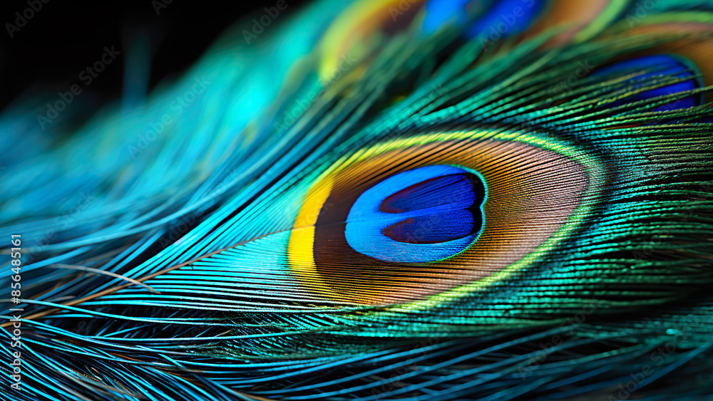Obraz premium Peacock Feather - Bird, Vibrant, Colorful, Exotic, Nature, Microphotography, Close-up, Detailed, Magnified, High-Resolution, Professional, Focus