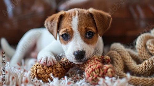 Jack Russell Terrier puppy enjoying toy indoors cozy setting photo