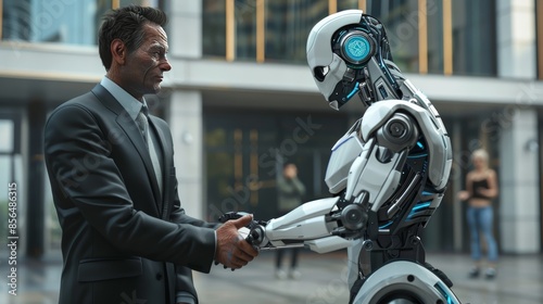 a robot and a businessman are shaking hands photo