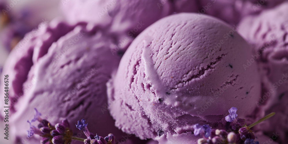 Elegant blueberry lavender gelato, a closeup of elegant blueberry lavender gelato, its purple color and floral notes highlighted against a white background Elegant blueberry lavender gelato, a closeup of elegant blueberry lavender gelato, its purple color and floral notes highlighted against a white background