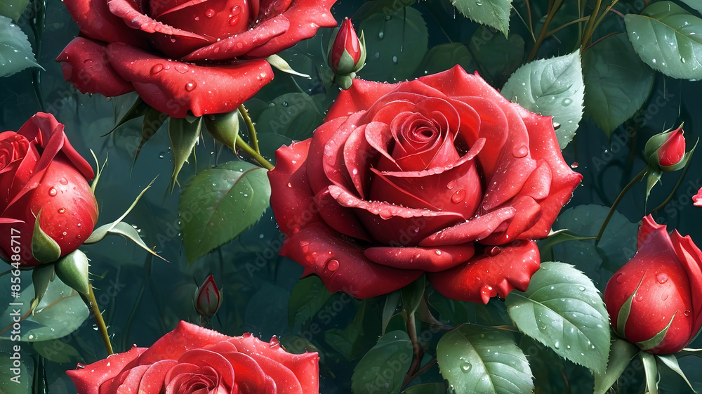 Beautiful red roses with water drops on petals, generative Ai