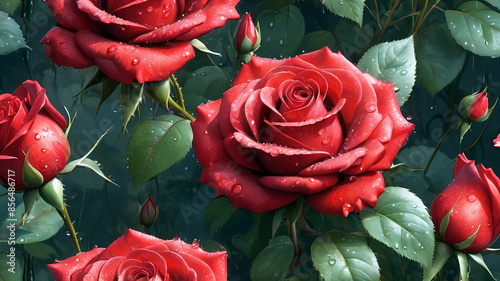 Obraz na płótnie Beautiful red roses with water drops on petals, generative Ai w salonie