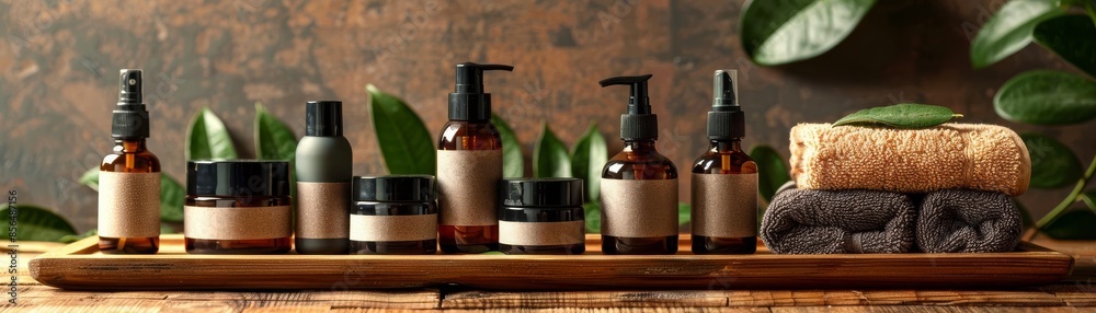 A variety of skincare products neatly arranged on a wooden tray with green leaves and towels in the background