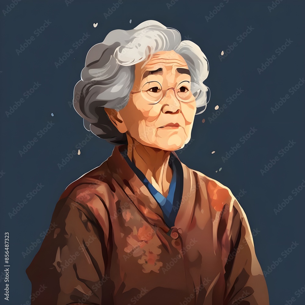 생각에 잠긴 할머니의 옆모습 일러스트 ilustração do Stock | Adobe Stock
