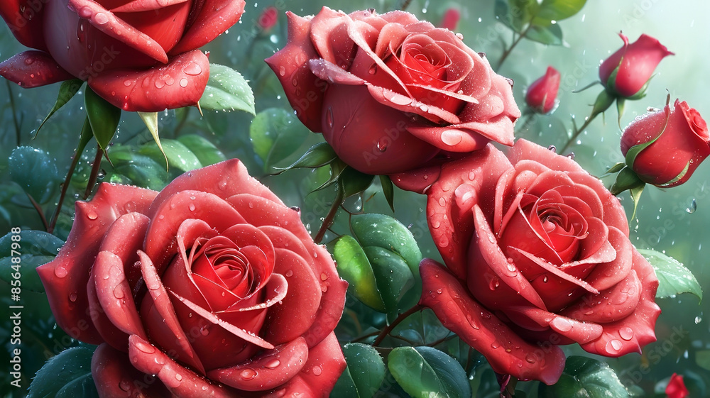 Beautiful red roses with water drops on petals, generative Ai