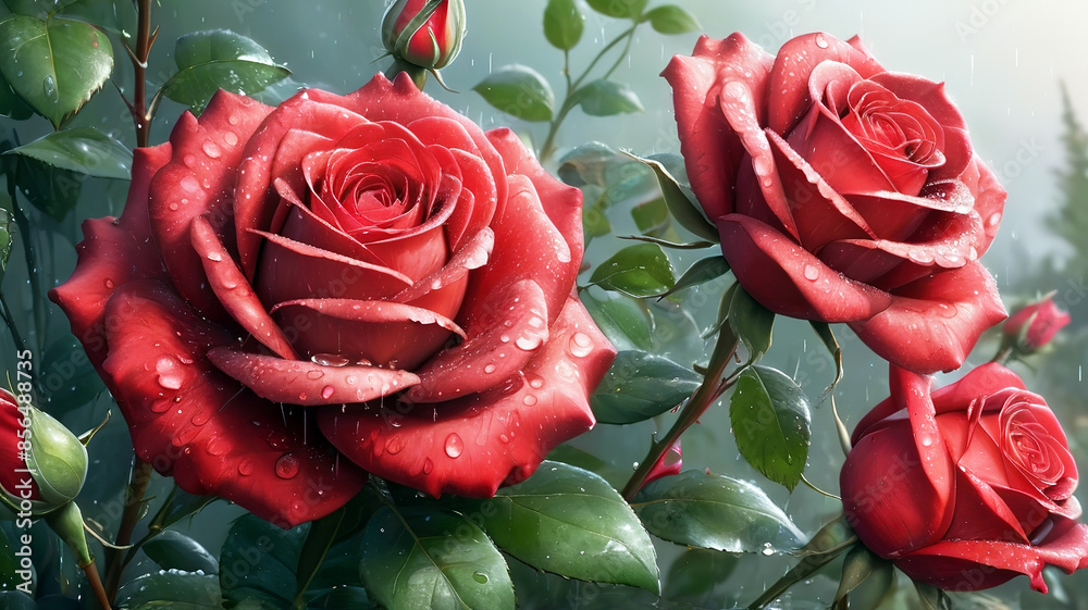 Beautiful red roses with water drops on petals, generative Ai