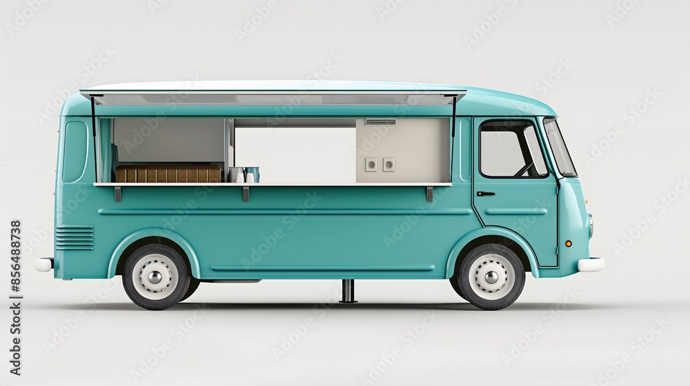 2. Design a professional-grade mockup of a food truck in side view, isolated on a clean, white background. Utilize the spacious area for branding or promotional designs, ideal for restaurants,