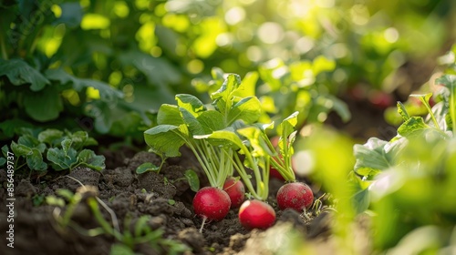 Radishes growing in a sunny garden during spring for the local market
