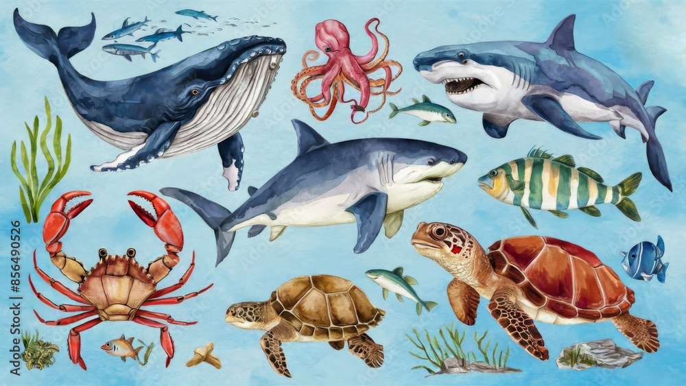 a collection of watercolor clipart showcasing hand-drawn underwater animals, including a whale, octopus, shark, crab, dolphin, sea turtle, and fish a collection of watercolor clipart showcasing hand-drawn underwater animals, including a whale, octopus, shark, crab, dolphin, sea turtle, and fish