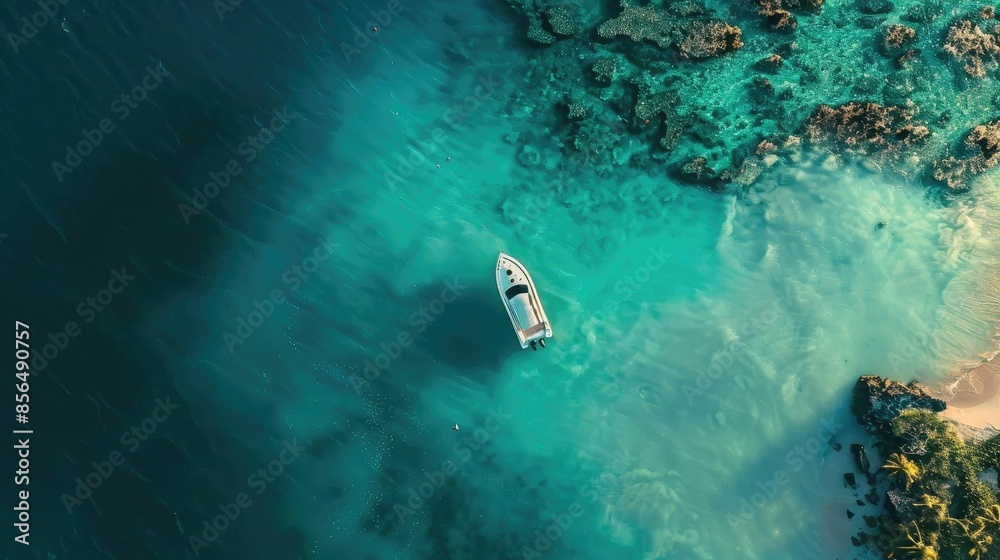 Aerial view of a boat sailing in crystal clear turquoise waters near a tropical shore with coral reefs, showcasing serene marine scenery. Aerial view of a boat sailing in crystal clear turquoise waters near a tropical shore with coral reefs, showcasing serene marine scenery.