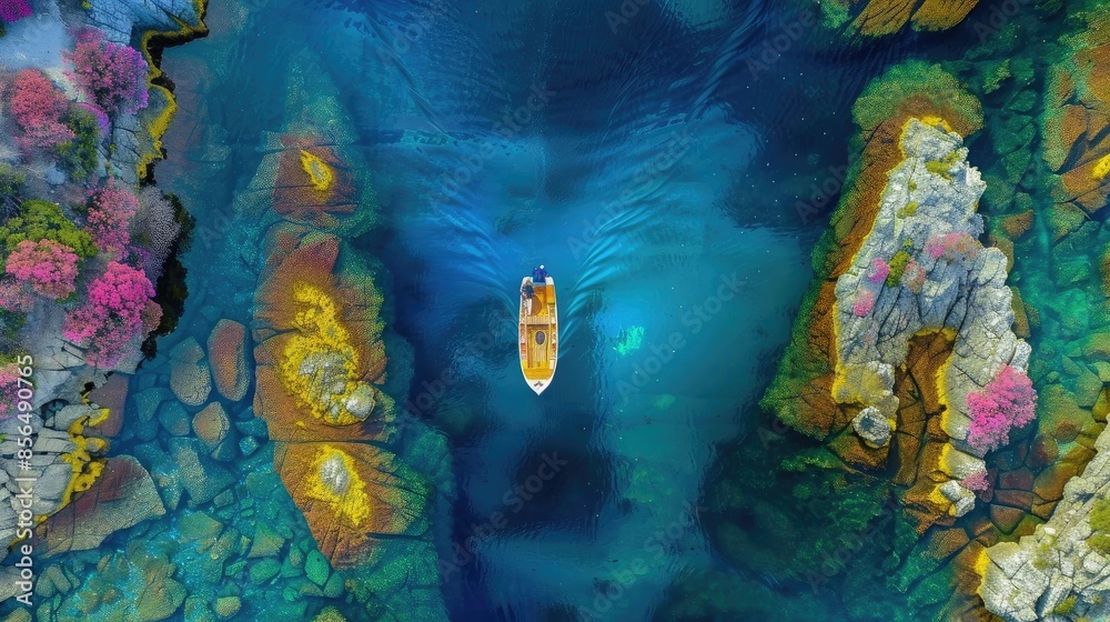 Fototapeta premium Aerial view of a lone boat navigating through clear turquoise water surrounded by colorful rocky outcrops and lush vegetation.