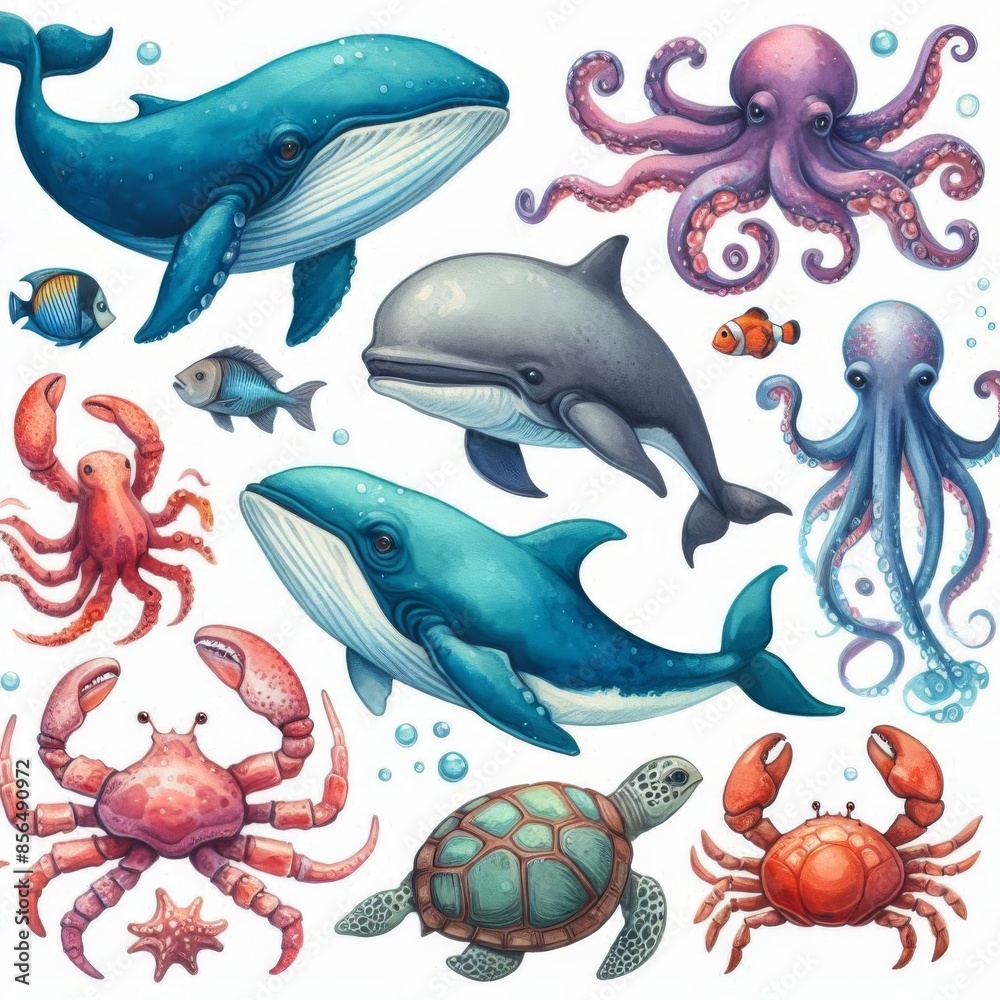 a collection of watercolor clipart showcasing hand-drawn underwater animals, including a whale, octopus, shark, crab, dolphin, sea turtle, and fish a collection of watercolor clipart showcasing hand-drawn underwater animals, including a whale, octopus, shark, crab, dolphin, sea turtle, and fish