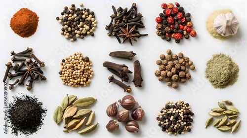 Fototapeta Naklejka Na Ścianę i Meble -  2. Produce a high-resolution image set featuring a variety of dried spices, expertly photographed against a neutral white backdrop. Perfect for enhancing cooking guides, spice catalogs, or any