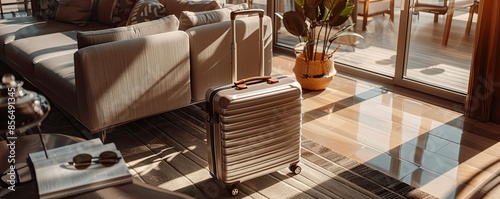 A stylish suitcase sits in a modern, sunlit living room, ready for travel. The room features contemporary furniture and a potted plant. photo