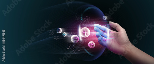 DNA helix concept of new ideas with Digital Virtual analysis chromosome DNA test of human in situations disease COVID-19 virus on hands in 3D illustration. Of free space for texts and creativity.