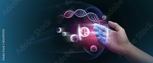 DNA helix concept of new ideas with Digital Virtual analysis chromosome DNA test of human in situations disease COVID-19 virus on hands in 3D illustration. Of free space for texts and creativity.
