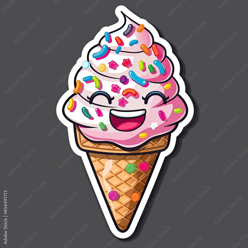 sticker of Happy ice cream cone with a big smile and colorful sprinkles sticker of Happy ice cream cone with a big smile and colorful sprinkles