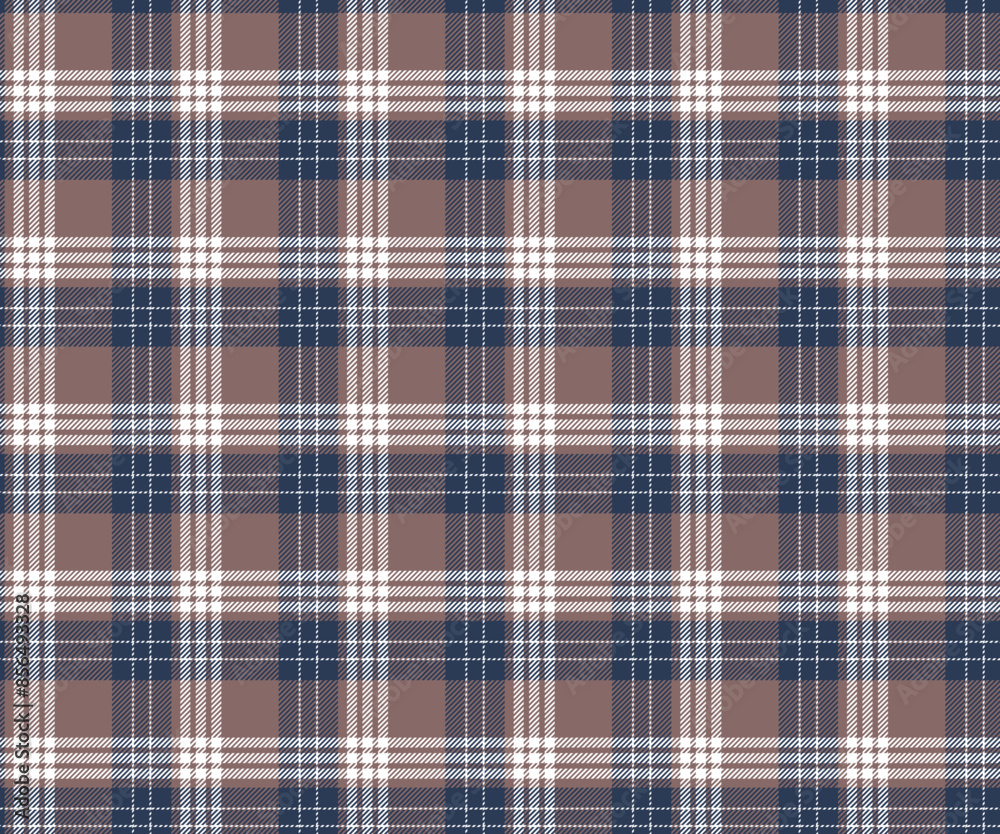 Plaid pattern, brown, blue, white, seamless for textiles, and for designing clothing, skirts, pants or decorative fabric. Vector illustration.