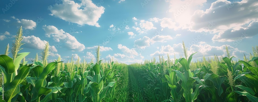 Obraz premium Lush green corn field under a bright blue sky with scattered clouds, showcasing the beauty of nature and agriculture on a sunny day.