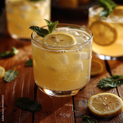 A refreshing glass of homemade fresh lemonade in a kitchen with a lemon slice and a garnish of mint.  photo