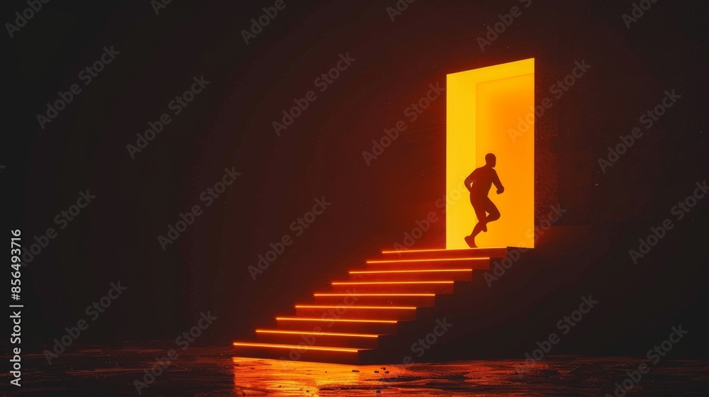 Fototapeta premium Escape to Enlightenment: Silhouette of a Man Running Towards a Glowing Exit Door on a Staircase at Sunset, a Study in Contrast and Exploration