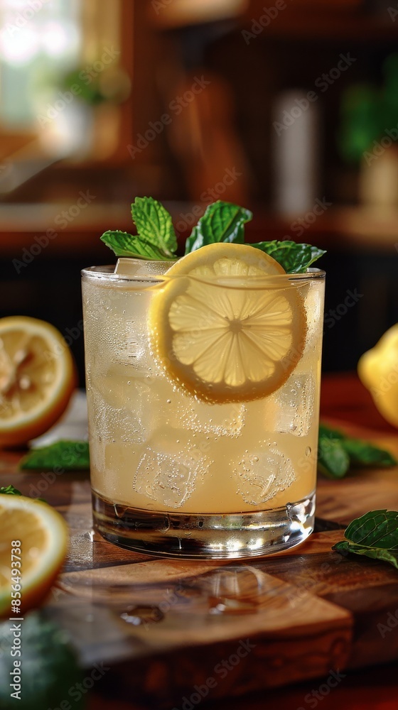 Fototapeta premium A refreshing glass of homemade fresh lemonade in a kitchen with a lemon slice and a garnish of mint. 