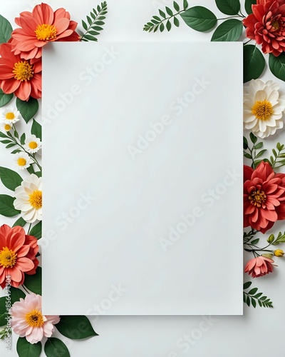 Portrait white mock up background with blank paper and floral texture for banner, poster, card, invitation, template, and mock up