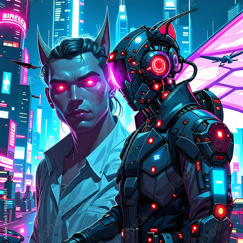 cyberpunk inventor with a magical companion photo