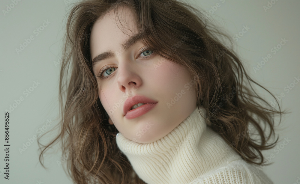 A photo of a young woman with wavy brown hair, green eyes and pale skin wearing a white turtleneck sweater against a neutral background A photo of a young woman with wavy brown hair, green eyes and pale skin wearing a white turtleneck sweater against a neutral background