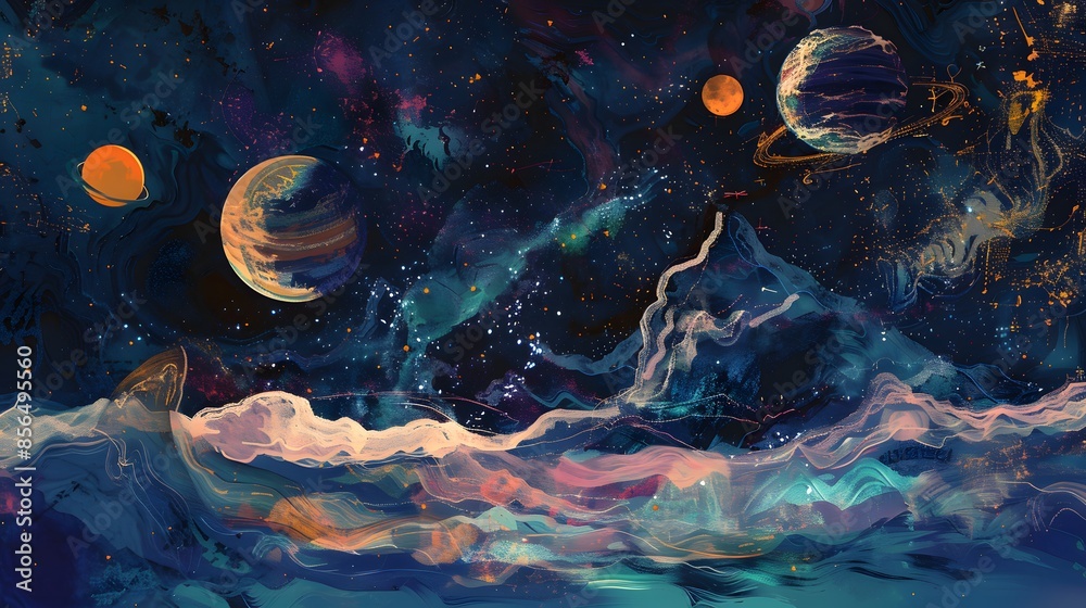 Abstract blue cosmic background with stars, planets, and galaxies in a ...