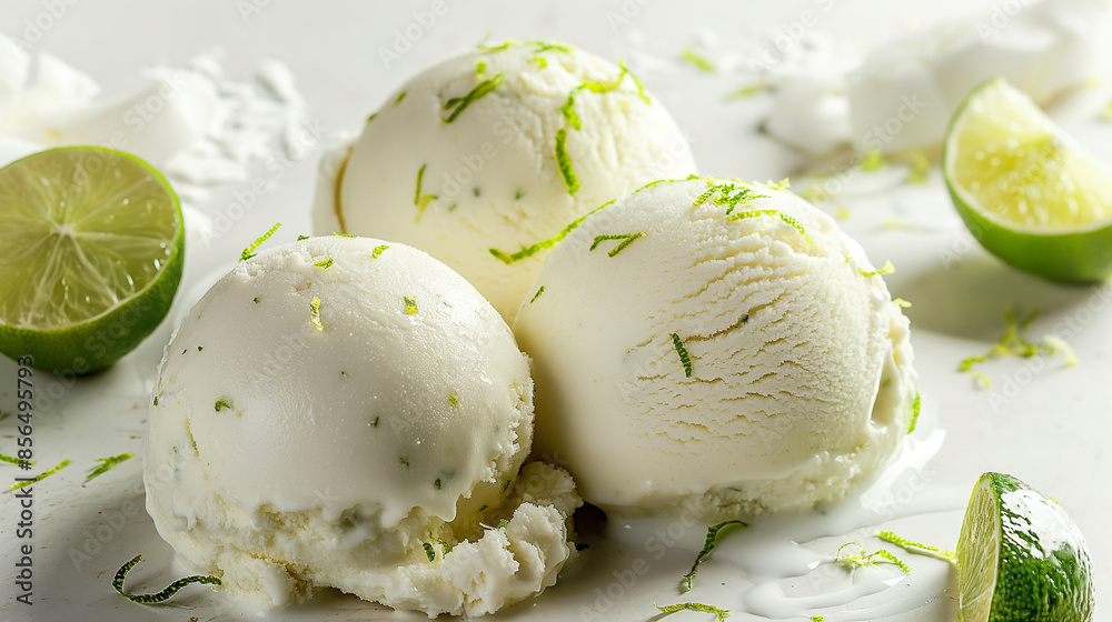 Lush coconut and lime gelato, an image of lush coconut and lime gelato, its creamy texture and zesty lime flecks against a white backdrop Lush coconut and lime gelato, an image of lush coconut and lime gelato, its creamy texture and zesty lime flecks against a white backdrop