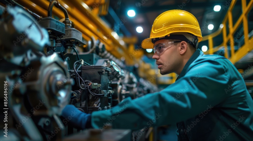 A man in a yellow helmet is working on a machine A man in a yellow helmet is working on a machine