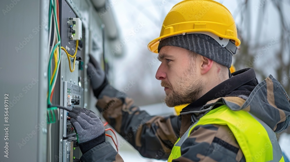 A man in a yellow helmet and safety vest is working on electrical wires A man in a yellow helmet and safety vest is working on electrical wires